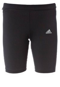 Svarta träningsshorts med elastisk midja, med en liten vit Adidas-logotyp på höger lår.