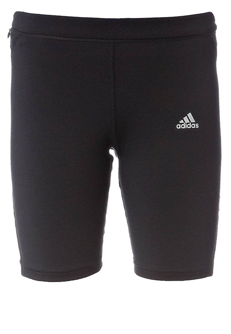 Svarta träningsshorts med elastisk midja, med en liten vit Adidas-logotyp på höger lår.