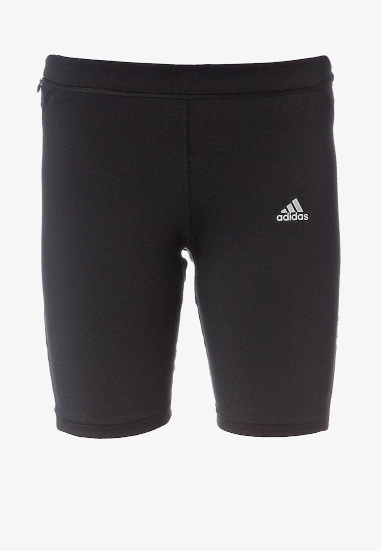 Svarta träningsshorts med elastisk midja, med en liten vit Adidas-logotyp på höger lår.