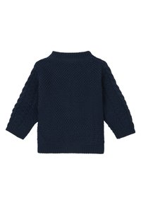 Marine gebreide trui met een gestructureerd patroon, geribde boorden en zoom, en een ronde hals. Geschikt voor casual dragen.
