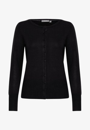 Fekete kardigán hosszú ujjakkal, kerek nyakkivágással és elöl gombos záródással. Puha, könnyű anyagból készült, bordás részletekkel.