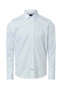 Camicia azzurro chiaro a maniche lunghe con un motivo ricorrente di piccole foglie verdi, chiusura con bottoni e colletto classico. Tessuto dalla trama liscia.