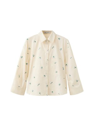 Crèmekleurig overhemd met knopen, met kleine groene en blauwe bloemmotieven, een voorzak, lange mouwen en een klassieke kraag.