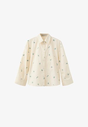 Crèmekleurig overhemd met knopen, met kleine groene en blauwe bloemmotieven, een voorzak, lange mouwen en een klassieke kraag.