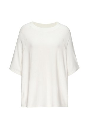 Pull blanc à manches courtes, en maille lâche, avec encolure ronde et détails de coutures discrètes le long des manches.