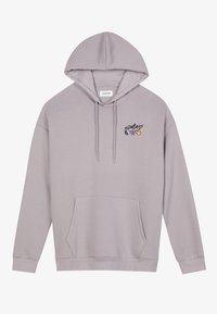 Grijze hoodie met een capuchon en trekkoord, een voorkantzak en geborduurd "SUNDAYS" in zwart met decoratieve symbolen. Gladde stoftextuur.