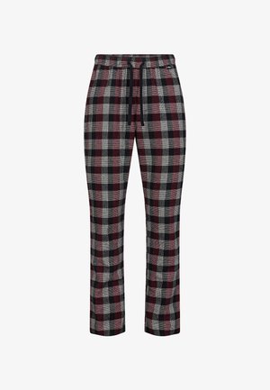 Loungewear-housut punaisessa, mustassa ja harmaassa ruutukuosissa, pehmeästä kankaasta valmistettuina, joustavalla vyötärönauhalla ja nyörikiinnityksellä.