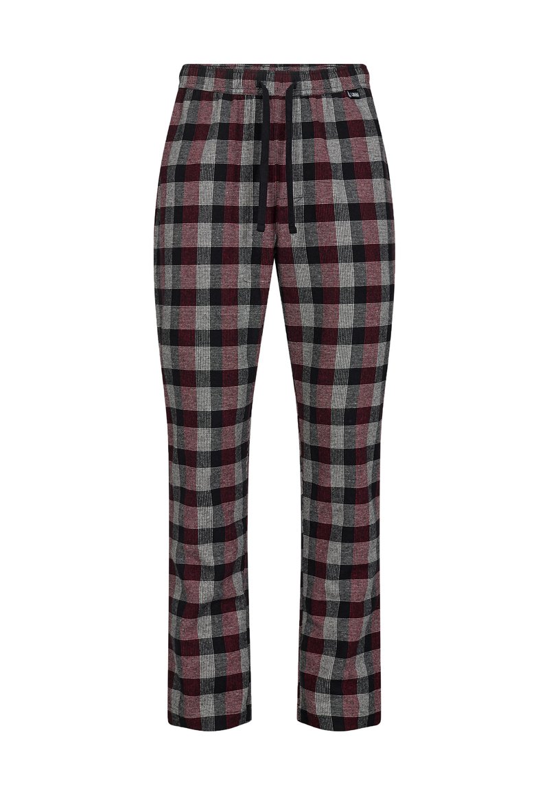 Pantalones de lounge en un patrón a cuadros rojo, negro y gris, hechos de una tela suave, con cintura elástica y cierre de cordón.