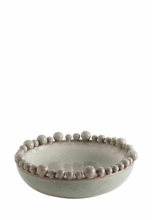 Round ceramic bowl with a matte finish, featuring raised spherical beads of varying sizes around the rim.