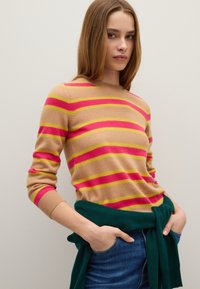 Strickpullover mit hellbraunen, rosa und gelben Streifen. Lange Ärmel, Rundhalsausschnitt. Ein gebundener grüner Pullover um die Taille drapiert. Jeans.
