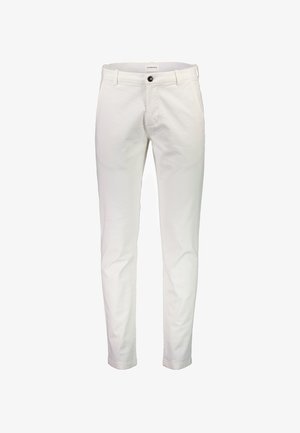Λευκά βαμβακερά παντελόνια με στενή εφαρμογή, που διαθέτουν κλείσιμο μπροστά με κουμπί, βρόχους για ζώνη και λεία υφή. Χωρίς ορατά σχέδια ή διακοσμητικά στοιχεία.