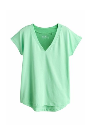 Short-sleeved mint green V-neck t-shirt made of soft cotton, featuring a relaxed fit and a curved hemline. Simple design, no patterns or accents.