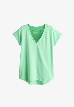 Krátky rukáv, mentolovo zelené tričko s výstrihom do "V" z mäkkej bavlny, s voľným strihom a zaobleným lemom. Jednoduchý dizajn bez vzorov a zdobení.