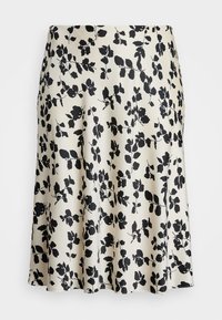 Svart blommönster på krämfärgad tygkjol, A-linjeformad design, slät textur, knä-längd, med en subtil lyster och utan synliga knäppningar.