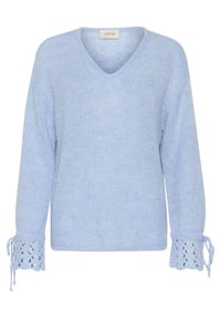 Ljusblå stickad tröja med V-ringning, lång ärm och spetsdetaljer vid ärmsluten, med dragsnoddar för justering.