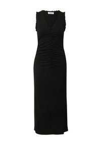 Zwarte mouwloze jurk met een V-hals, geplooide details in het midden en ruches langs de schouders en halslijn. Slank figuur, stretchy stof.