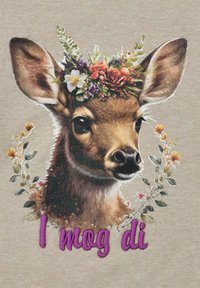 Graphic features a deer’s head adorned with a floral crown, surrounded by smaller flowers, against a beige background. Text reads "I mog di" in purple.