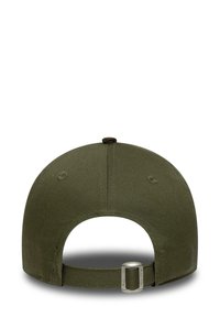 Olive green baseball cap with a flat brim, textured fabric, and an adjustable metal strap at the back. Features a central button on top.