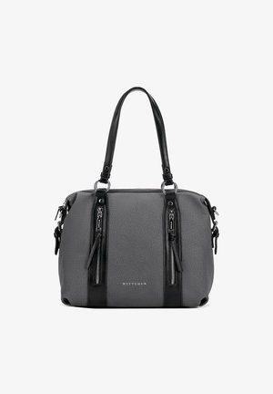 Grijze handtas met zwarte leren accenten, voorzien van twee voorzakken met rits, stevige handvatten en een gestructureerde afwerking. Merknnaam is zichtbaar aan de voorkant.