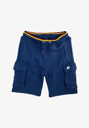 Tmavomodré krátke nohavice z rebrovanej látky s elastickým pásom, oranžovým pruhovaným lemom, sťahovacou šnúrkou, bočnými nákladnými vreckami a malým bielym logom na pravom vrecku.