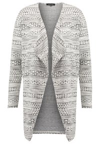 Öppen cardigan i grå och vit stickning, med ett geometriskt mönster, långa ärmar och ett mjukt, strukturerat tyg.