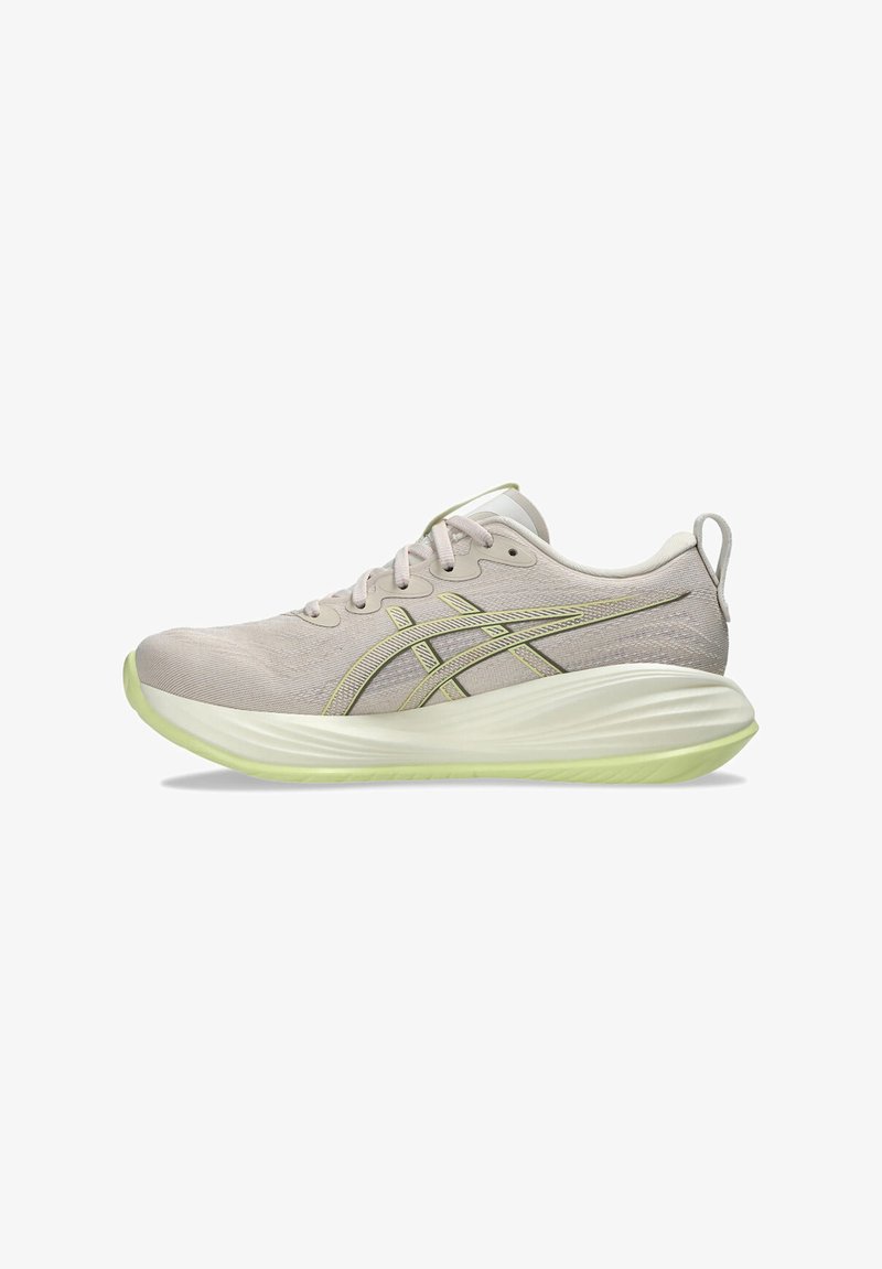 Light gray athletic shoe with a smooth textile upper, yellow-green accents, textured sole, and traditional lacing system.
