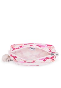 Astuccio Kipling di colore rosa con design a motivo che presenta palme. Esterno testurizzato, zip bianca e pom-pom attaccato come charm.