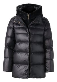 Schwarze Daunenjacke mit glänzender Oberfläche, dickem Steppdesign, gefütterter Kapuze und goldfarbenen Hardware-Akzenten auf der Vorderseite.
