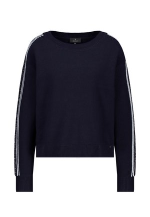 Navy blue knit sweater with crew neck and white double stripes running down each sleeve, ribbed cuffs, and hem.