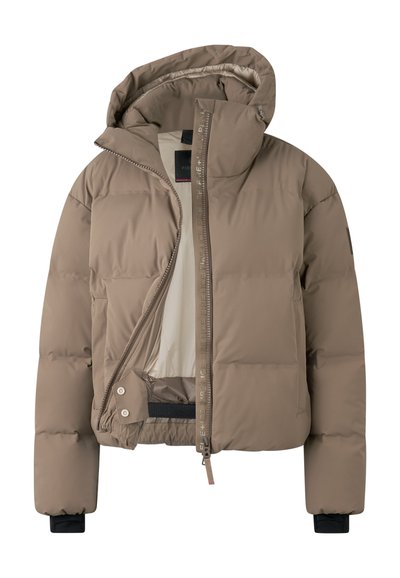 Brązowa pikowana kurtka puchowa z kapturem, z pełnym zamkiem błyskawicznym i elastycznymi mankietami. Posiada elegancki, pikowany design oraz wewnętrzną kieszeń zapinaną na zamek.