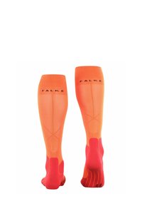 Calze compressive fino al ginocchio in un vivace gradiente di arancione e rosa. Realizzate in materiale elastico con superficie testurizzata e punta rinforzata.