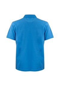 Polo a maniche corte di colore blu brillante, con colletto classico e tessuto di cotone liscio senza motivi o dettagli visibili.