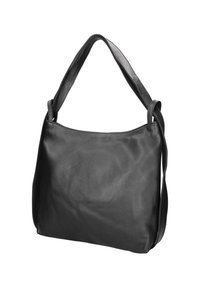 Schwarze Leder-Schultertasche mit breitem Träger, leicht strukturiertem Oberflächen, rechteckiger Form und weicher Struktur auf weißem Hintergrund.