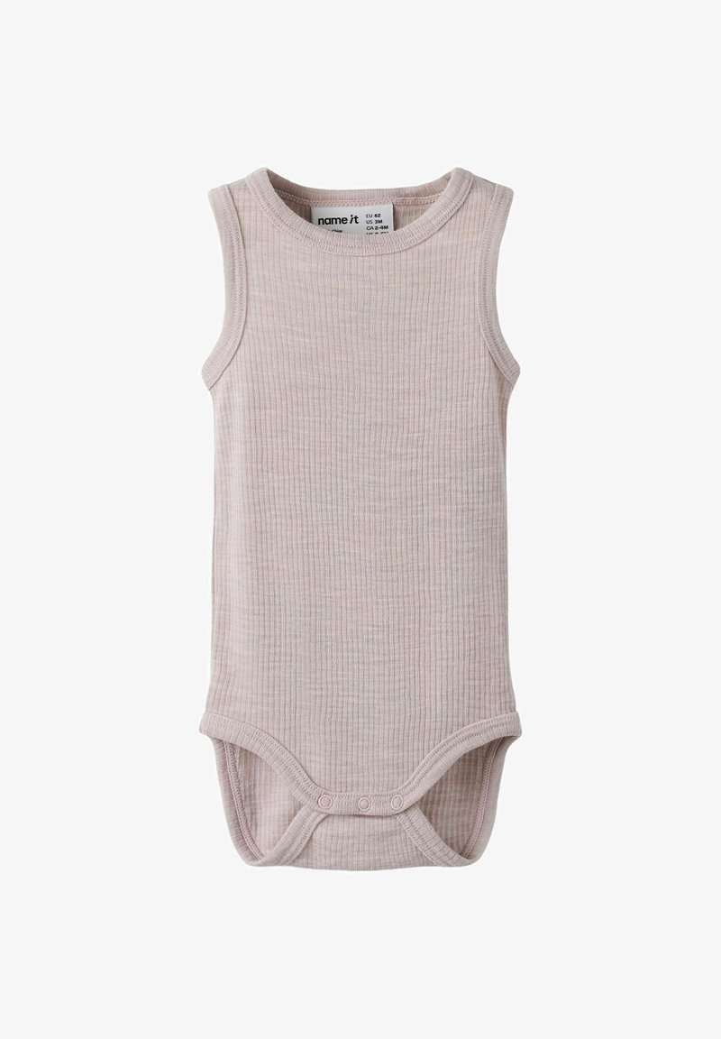 Body bébé beige côtelé sans manches avec col rond et trois boutons-pression en bas pour changer facilement la couche.