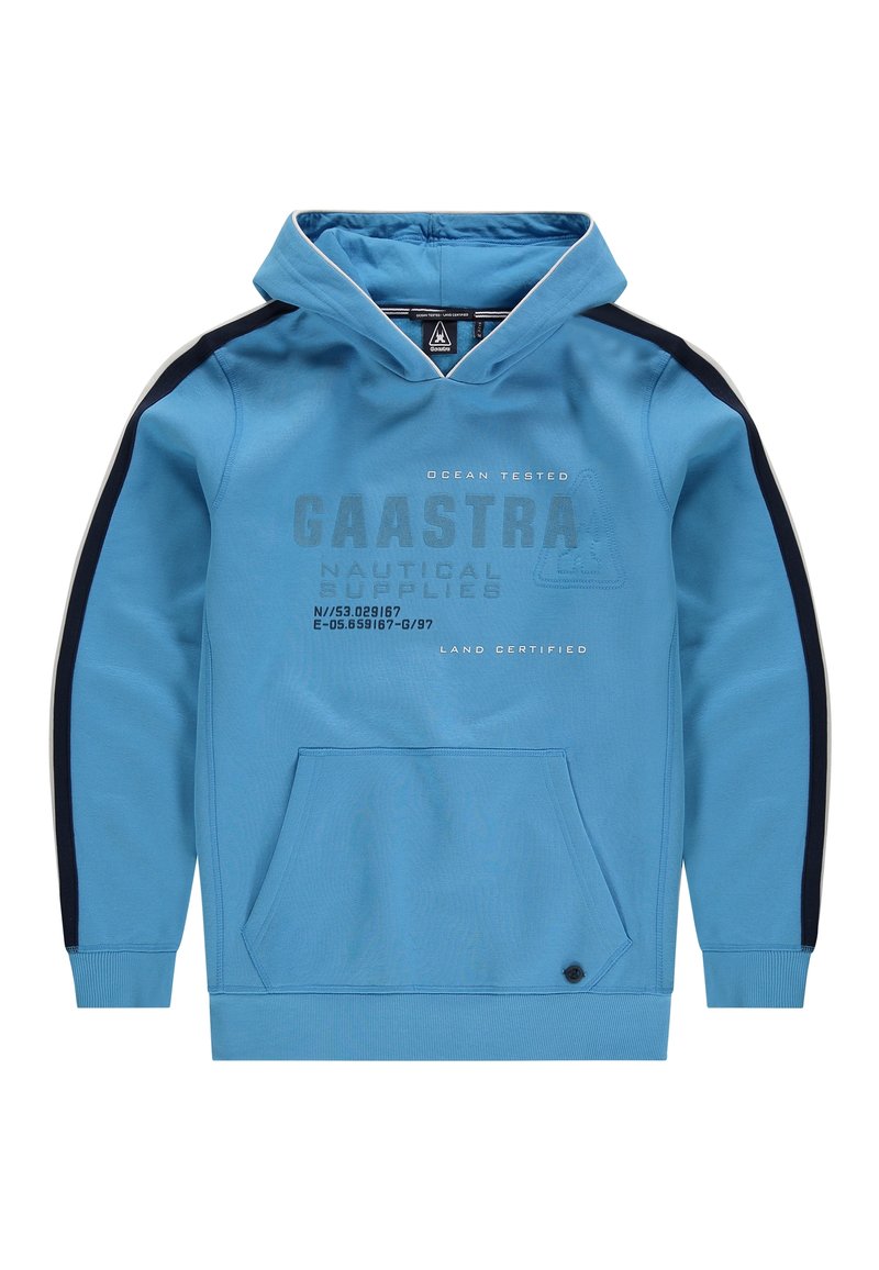 Sininen huppari, jossa edessä kengurun tasku, tummansiniset sivuraidat ja painettu teksti. Hupussa kiristysnauha ja resorit hihoissa. Valmistettu pehmeästä kankaasta.