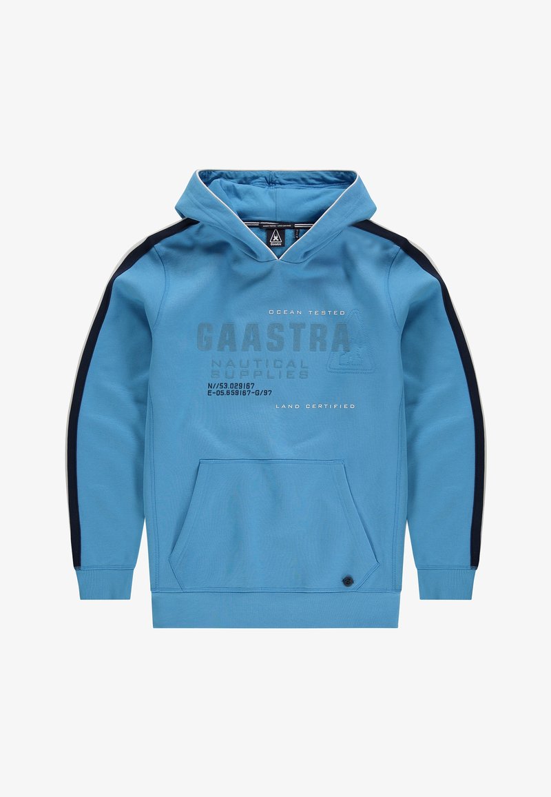 Sininen huppari, jossa edessä kengurun tasku, tummansiniset sivuraidat ja painettu teksti. Hupussa kiristysnauha ja resorit hihoissa. Valmistettu pehmeästä kankaasta.