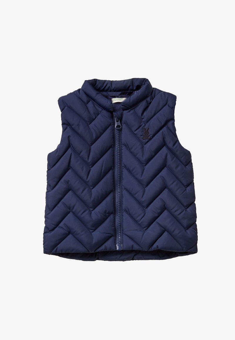 Granatowa kamizelka puchowa z chevronowym pikowaniem, wysokim kołnierzem i zapięciem na suwak z przodu. Posiada małe haftowane logo po boku.