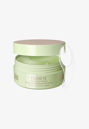 Contenitore cilindrico verde con un coperchio rosa chiaro, con l'etichetta "FortifEYE Firming Eye Patches". Include una spatola per l'applicazione.