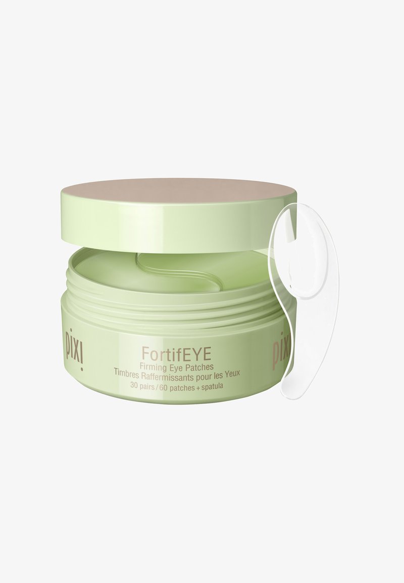 Groene cilindervormige container met een lichtroze deksel, voorzien van het label "FortifEYE Firming Eye Patches". Inclusief een spatel voor applicatie.