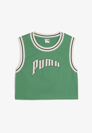 Haut court vert sans manches avec bordure rayée crème et noire et logo "PUMA" en grandes lettres crème sur le devant.