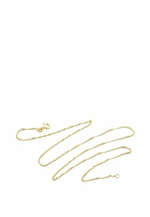 Goldfarbene Metallkette mit verdrehten Gliedern. Verfügt über einen Karabinerverschluss und eine glatte Oberfläche. Misst ungefähr 60 cm in der Länge.