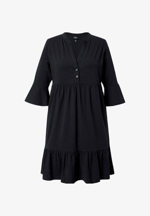 Zwarte jurk tot de knie met 3/4 klokmouwen, V-hals met twee knopen, geplooide taille en geplooemde zoom.