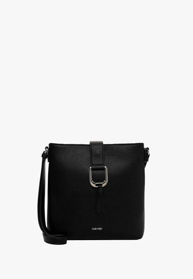 Black leather crossbody bag with a textured surface, adjustable strap, silver hardware buckle accent, and logo detailing at the bottom.