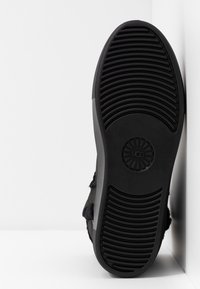 Semelle de chaussure en caoutchouc noir avec des motifs horizontaux et le logo UGG au centre, chaussure reposant contre un mur blanc d’angle.