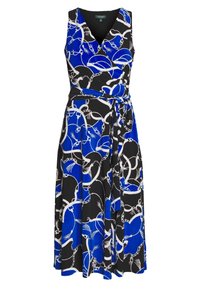 Sukienka bez rękawów w czarnym kolorze z niebieskim i białym wzorem łańcucha. Posiada dekolt w kształcie litery V oraz przewiązywany pasek w talii. Gładka faktura materiału.
