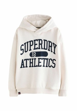 Sweat à capuche en coton beige avec une grande impression navy "SUPERDRY ATHLETICS 72". Il dispose d'une poche kangourou à l'avant et de poignets et d'un ourlet côtelés.