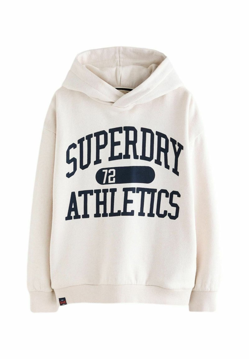 Béžová bavlněná mikina s kapucí s velkým námořnickým potiskem "SUPERDRY ATHLETICS 72". Obsahuje přední klokankovou kapsu a žebrované manžety a lem.