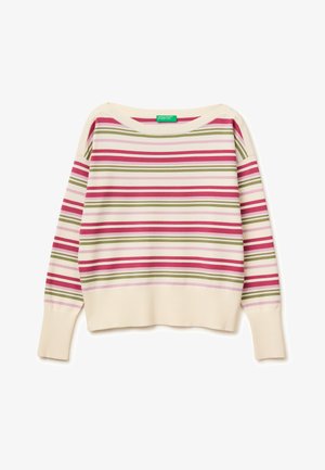 Jersey color crema con rayas horizontales en rosa, verde y rojo, mangas largas, puños acanalados y cuello redondo.