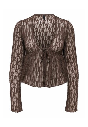 Cardigan en dentelle marron à manches longues, décolleté en V profond et fermeture à nouer à l’avant, en tissu semi-transparent à motif et ourlet légèrement évasé.