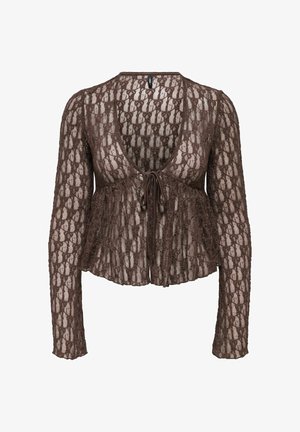 Cardigan en dentelle marron à manches longues, décolleté en V profond et fermeture à nouer à l’avant, en tissu semi-transparent à motif et ourlet légèrement évasé.